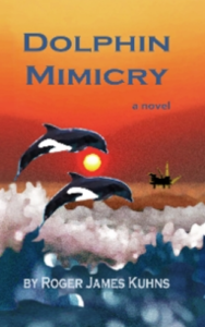 A book cover with two dolphins jumping in the air.