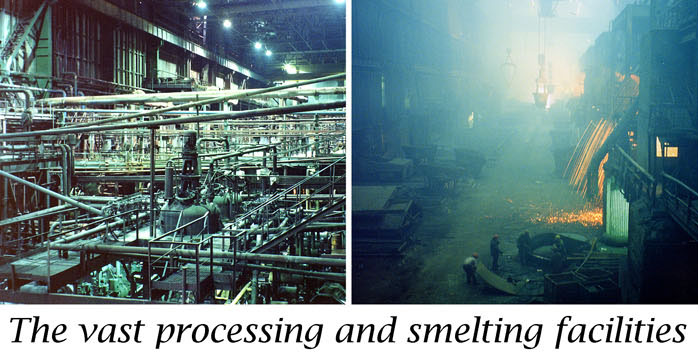Two pictures of a factory and some water